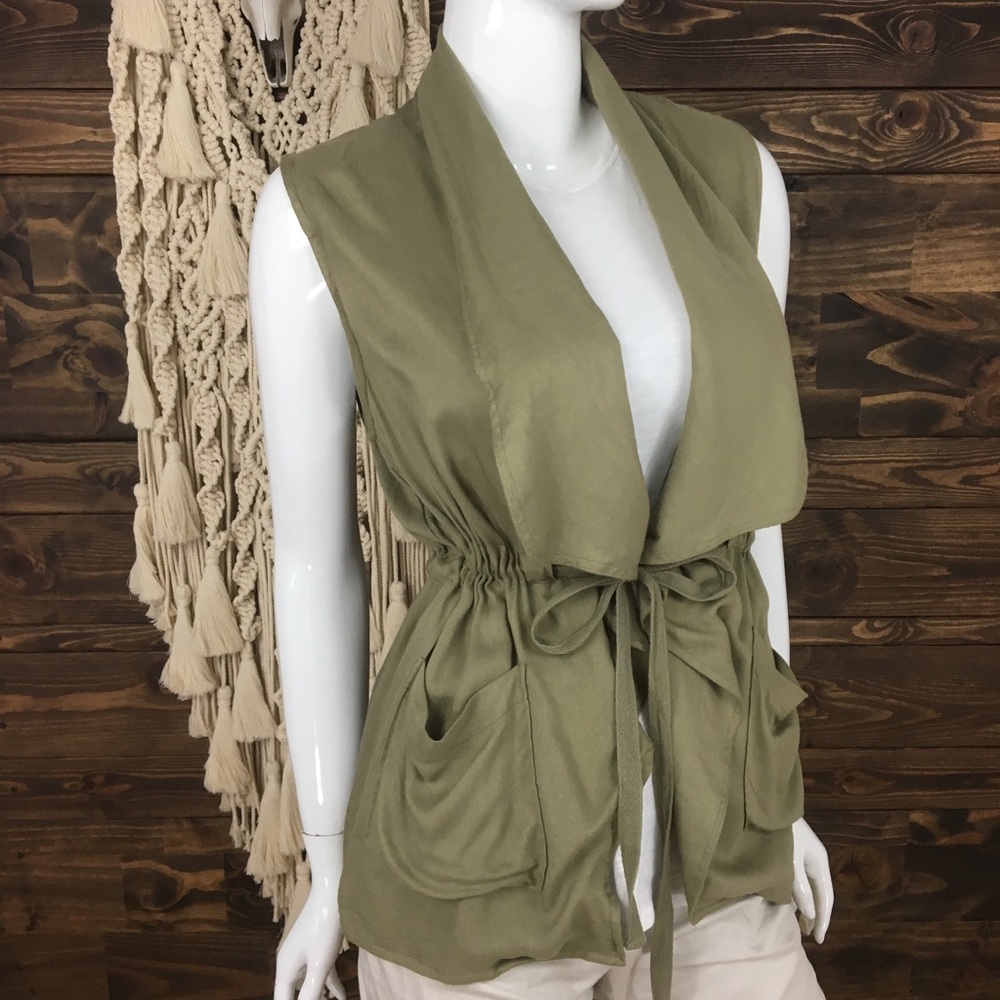 Elodie | Tie Front Angled Vest Jacket Olive Green‎